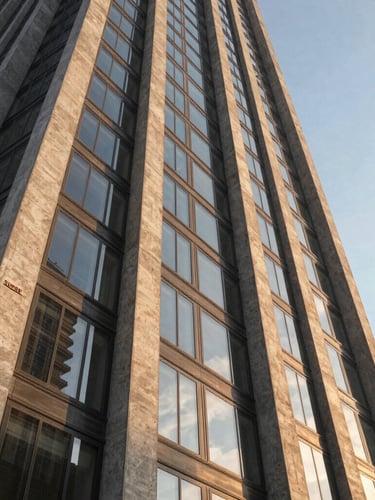 Low-angle architectural shot of a delivered Supera tower, sharp concrete textures and golden hour light reflecting on glass panels