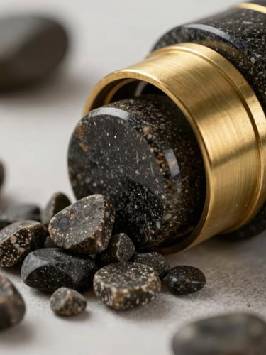 Macro shot of premium raw materials, polished dark stone meeting brushed brass details, soft natural side lighting.