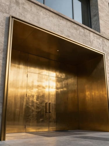 Low-angle architectural crop of a premium building entrance, raw poured concrete, brushed brass metallic paneling, natural stone textures under dramatic golden hour sunlight.