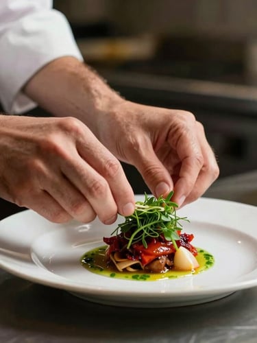 Close-up of a chef's hands delicately plating a dish in a busy, dimly lit kitchen, natural side-light, shallow depth of field.