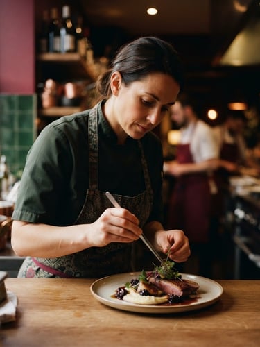 Portrait of a chef in a dimly lit, cozy restaurant kitchen, focused on plating a dish, warm editorial photography, soft natural side-light, rich crimson and forest green tones, shallow depth of field, 35mm
