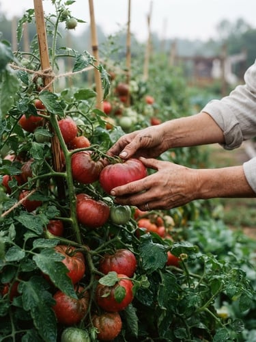 Wide panoramic shot of hands gently harvesting heirloom tomatoes at dawn, soft overcast daylight, dew drops visible on leaves, shallow depth of field, rich crimson and forest green tones.
