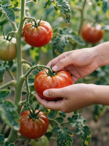 Hands harvesting heirloom tomatoes in a sun-drenched field, soft focus, natural light, warm editorial photography, rich crimson and forest green tones, shallow depth of field, 35mm