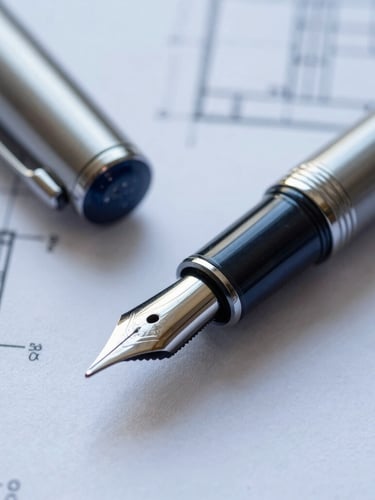 Macro shot of a high-end fountain pen resting on architectural blueprints, cool natural window light, metallic silver and deep blue tones, sharp focus.
