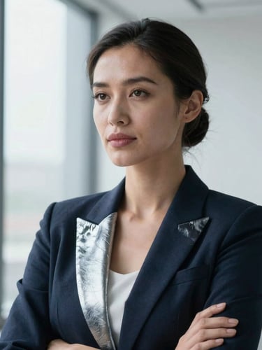 Portrait of a confident female architect in a dark blazer, looking thoughtfully to the side, cool natural window light, deep blue and metallic silver tones, sharp focus, 50mm lens