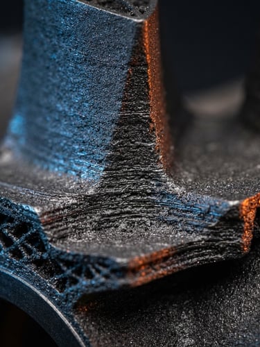 Extreme macro of a high-precision metal 3D printed aerospace turbine component, showing fine laser-sintered titanium textures, dramatic electric blue and laser orange highlights, dark graphite background, industrial product photography, 50mm