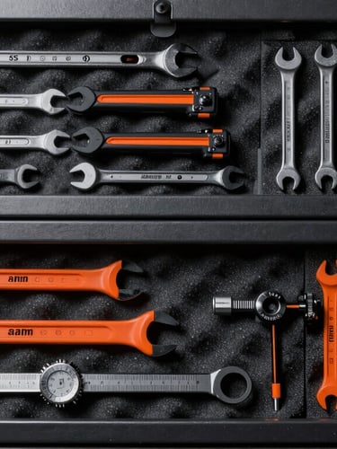 A professional industrial tool cabinet with custom 5S foam inserts holding orange and black premium German wrenches and micrometers, high-contrast studio lighting, dark metallic tones, 50mm