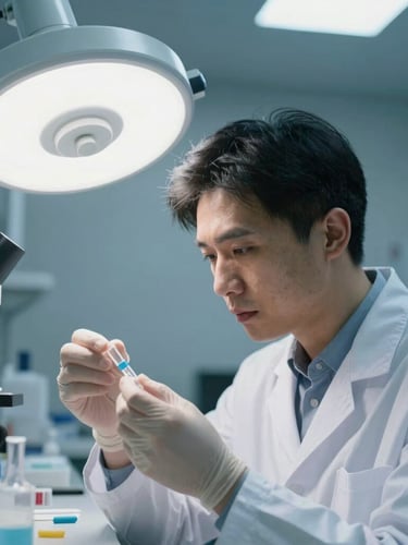 Portrait shot of a scientist in a cleanroom examining samples under bright clinical white light, cool blue and sterile gray tones, sharp focus, 35mm