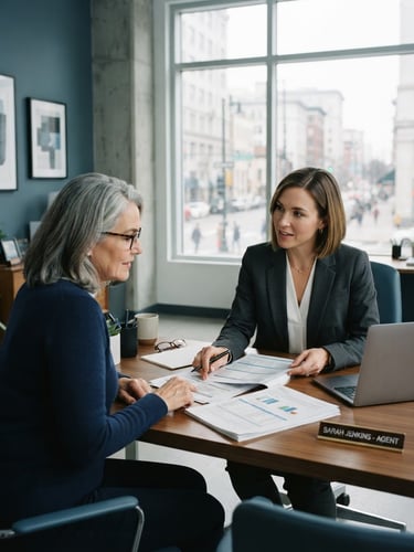 A professional female insurance agent in a bright Vine Street office setting, reviewing policy documents with a client, soft overcast daylight, cool blue and slate tones, sharp focus, 35mm