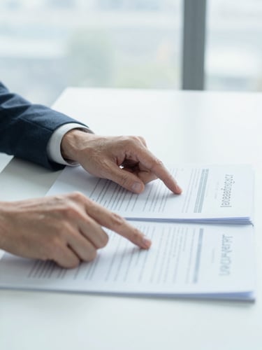 Close-up of professional hands pointing to policy documents on a clean desk inside a bright, modern office with soft daylight