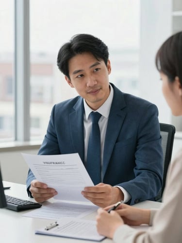 A professional insurance agent in a bright Vine Street office in Philadelphia, reviewing policy documents with a client, warm slate and blue tones, natural light