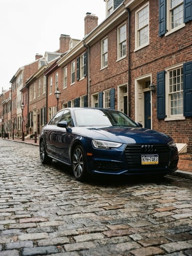 A clean modern sedan parked on a historic Philadelphia cobblestone street near Vine Street under bright overcast daylight, sharp focus, 35mm