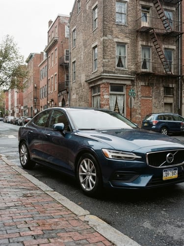 A clean modern sedan parked on a Philadelphia street near Vine Street, soft overcast daylight, historic brick buildings in the background, 35mm photography