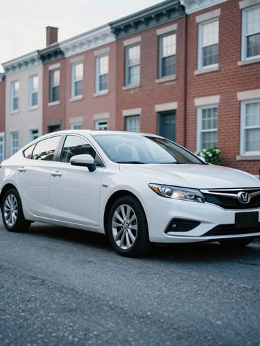 A clean modern sedan parked on a quiet Philadelphia street near Vine Street, historic brick buildings in the background, bright natural overcast daylight, cool blue tones, 35mm