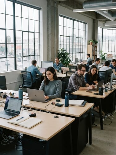 A bright, professional Vine Street office interior with clean desks and natural light coming through large windows, 35mm photography