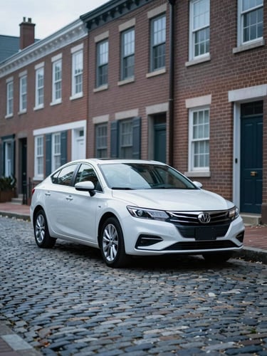 A clean modern sedan parked on a historic cobblestone street in Philadelphia during overcast daylight, cool blue tones, professional photography