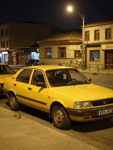 A clean yellow taxi cab parked under warm streetlights at night in Elazığ, authentic street photography, 35mm lens, realistic warm atmosphere