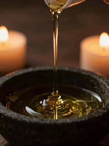 Close-up of warm botanical oil being slowly poured into a dark stone bowl, soft candle-lit shadows, moody editorial style