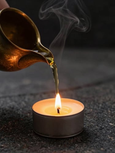 Pouring botanical oil from a bronze vessel, warm candle-lit shadows, deep stone background, steam rising softly, close-up editorial photography