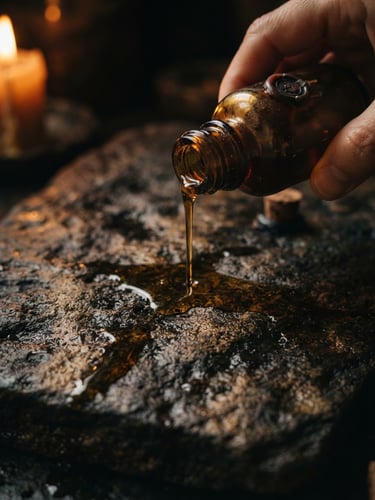 Close-up of warm botanical oils pouring slowly over dark textured stone, soft candle-lit shadows, moody warm golden-hour light