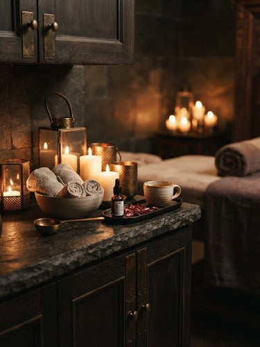 Moody warm candle-lit day spa treatment room in Gurugram, dark stone surfaces, soft bronze accents, linen details, shallow depth of field