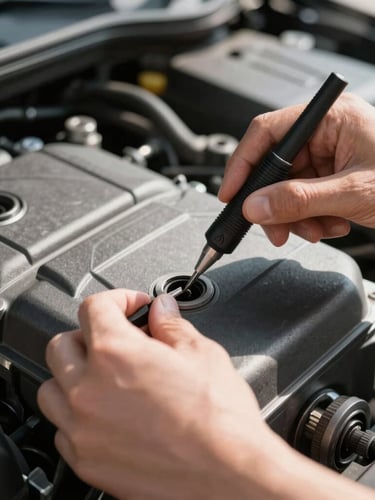 Close-up of hands using precision tools on a car engine, clean and organized, bright natural daylight, high-contrast shadows.