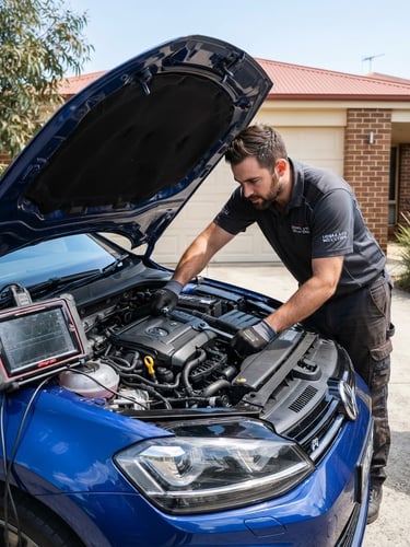 Professional mobile mechanic working under the hood of a clean, modern vehicle in a residential driveway, diagnostic tablet visible on the fender, bright Australian daylight, high-contrast industrial tones.