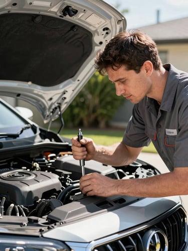 Professional mechanic in clean uniform, hands holding a precision tool, working under the hood of a modern car in a residential driveway, bright natural Australian daylight, high-contrast shadows, 50mm lens.