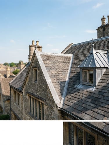 Wide panoramic view of a traditional slate and zinc roof under clear daylight, sharp details of the craftsmanship, with a focus on the right side of the frame, crisp architectural photography, natural bright daylight, deep slate and terracotta tones, sharp detail, 35mm lens