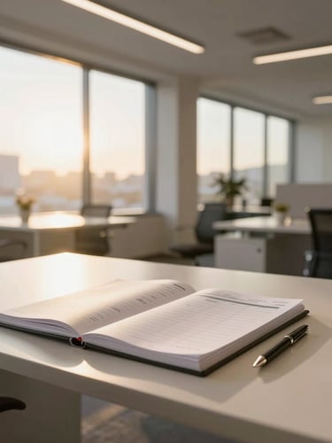 Bright sunlit modern West Jordan office space, clean desk with an organized planner and natural morning light, wide environmental shot, warm golden tones