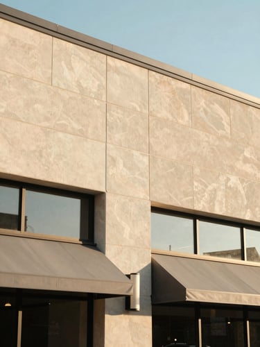 Bright, sunlit architectural detail of a West Jordan local business district building, warm morning light, clean minimalist composition, golden and soft gray tones, 35mm lens.