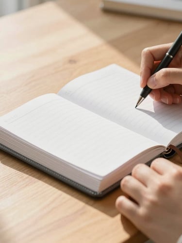Close-up of hands organizing papers and writing in a leather planner on a clean wooden desk, bright natural morning sunlight, warm and inviting atmosphere, 35mm lens.