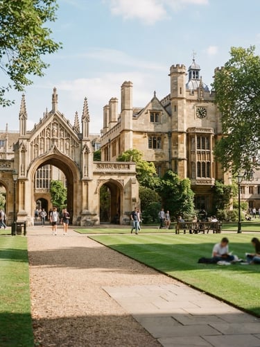 Wide environmental shot of a prestigious university campus with stone gothic arches and manicured green lawns, bright natural daylight, 35mm film style.