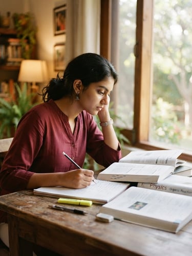 A focused Indian high school student studying at a wooden desk with open books, bright natural daylight filtering through a large window, warm editorial photography, shallow depth of field, 35mm film style.