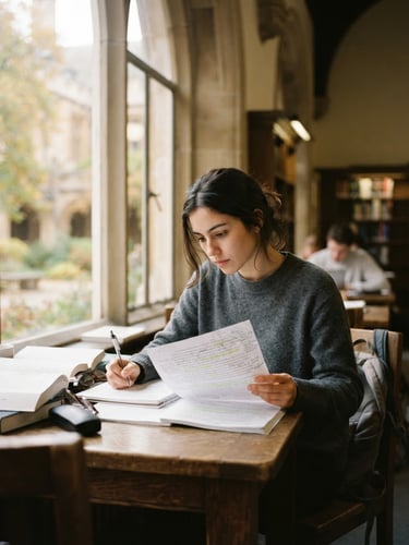 Candid medium shot of a student in deep concentration, reviewing academic papers near a large library window, warm editorial photography, natural window light, soft muted tones, 35mm film style