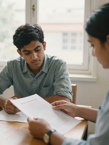 A close-up of an Indian student and counselor reviewing academic documents over a wooden table, bright natural daylight filtering through a large window, warm editorial photography style.