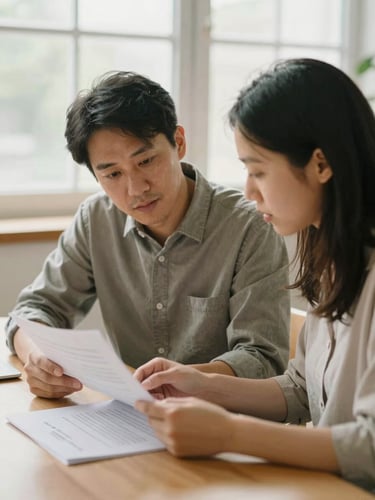 A medium close-up of a consultant and parent reviewing university documents together over a clean wooden desk, expressions of focused concentration, bright natural window light, shallow depth of field, warm editorial style.