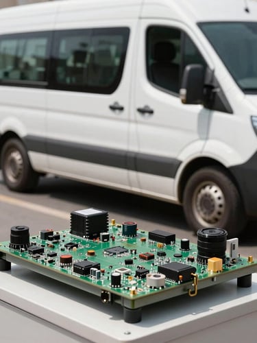 A professional mobile service van parked on a clean Kuwait street, bright daylight, realistic technical service vehicle