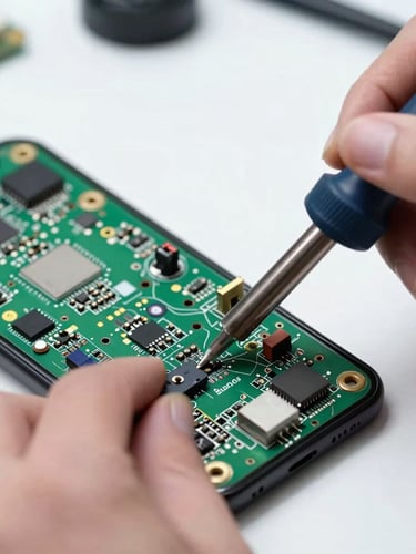 Close-up macro shot of hands repairing a smartphone motherboard with a soldering iron on a bright, highly-lit workbench, high-contrast industrial tones, realistic technical photography