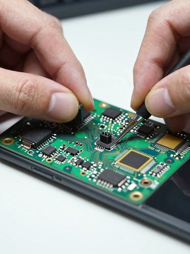 Close-up macro shot of hands repairing a smartphone circuit board under bright workbench lighting, high-contrast industrial tones, realistic