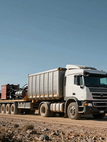 Wide shot of a heavy transport truck with a lowboy trailer carrying machinery across the dusty Patagonian steppe under harsh daylight.