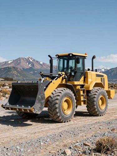 Oversized yellow heavy machinery loader parked on the dusty gravel of the Patagonian steppe under bright daylight, mountains in background.