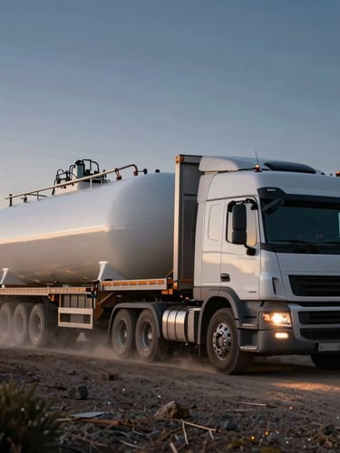 Heavy transport truck with lowboy trailer loaded with a large industrial vessel, driving through dusty Patagonian landscape at dusk.