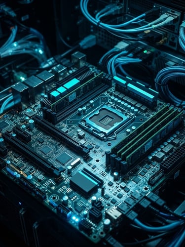 Macro close-up of a server rack's intricate circuitry under cool blue and electric cyan light, high contrast, deep shadows, futuristic technology photography