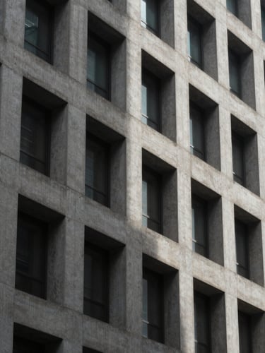 Stark architectural crop of a concrete financial district facade, sharp geometric shadows, cool overcast daylight, 35mm editorial photography.
