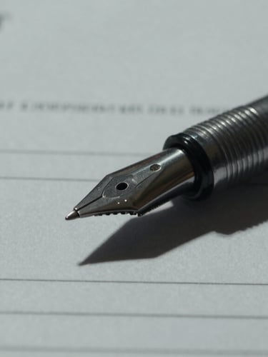 Macro photograph of a heavy steel pen resting on a structured commercial contract, cool desaturated lighting, deep shadows.