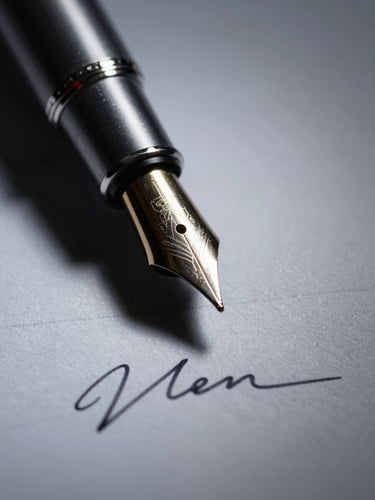 Stark macro photograph of a fountain pen tip resting on a physical contract signature line, high-contrast side-lighting, deep shadows, cool desaturated tones