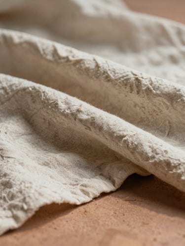 Macro close-up of soft organic linen folds draped over a warm clay surface, diffused morning light casting gentle shadows, minimalist and calm atmosphere.