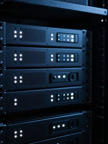 Low-key moody studio shot of a high-end server rack with cool white indicator lights, deep shadows, macro lens, sharp focus.