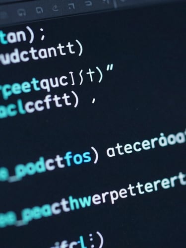 Extreme macro close-up of clean, well-structured code on a dark IDE screen with subtle electric cyan highlights, moody low-key studio lighting, sharp focus on syntax